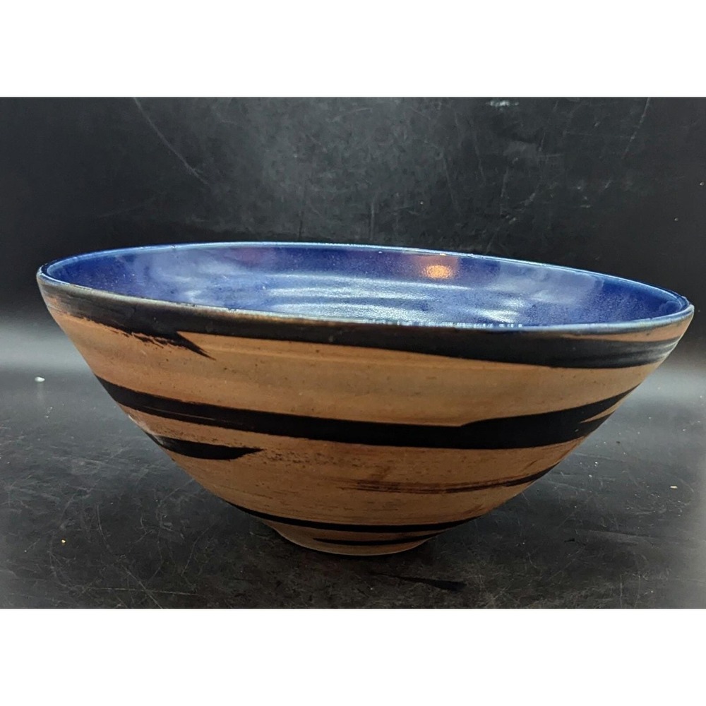 Vintage‎ Studio Art Pottery Blue Striped Fruit Console Bowl 11.5" Signed